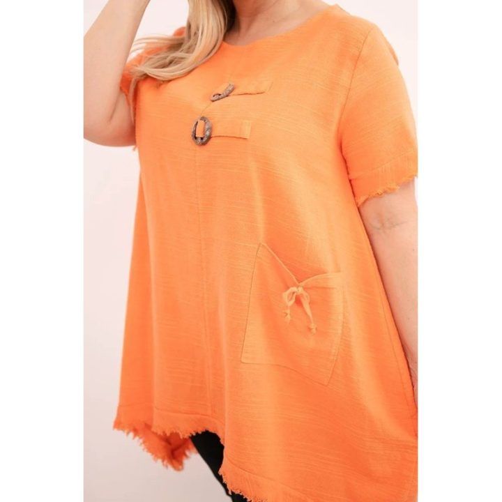 Moteriška Plus Size medvilninė suknelė su asimetriniu kraštu ir kišene, oranžinės spalvos