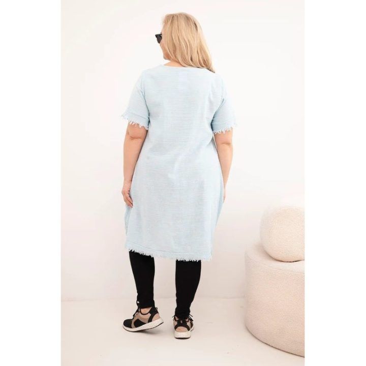 Moteriška Plus Size medvilninė suknelė su asimetriniu apačios kirpimu, mėlynos spalvos