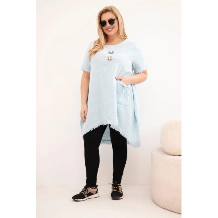 Moteriška Plus Size medvilninė suknelė su asimetriniu apačios kirpimu, mėlynos spalvos