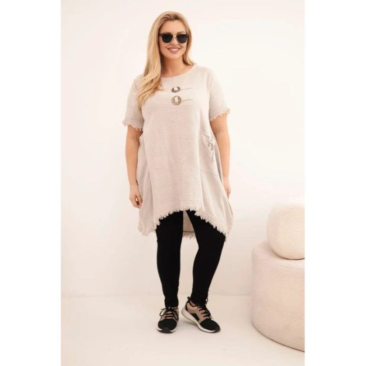 Moteriška Plus Size medvilninė suknelė, smėlio spalvos