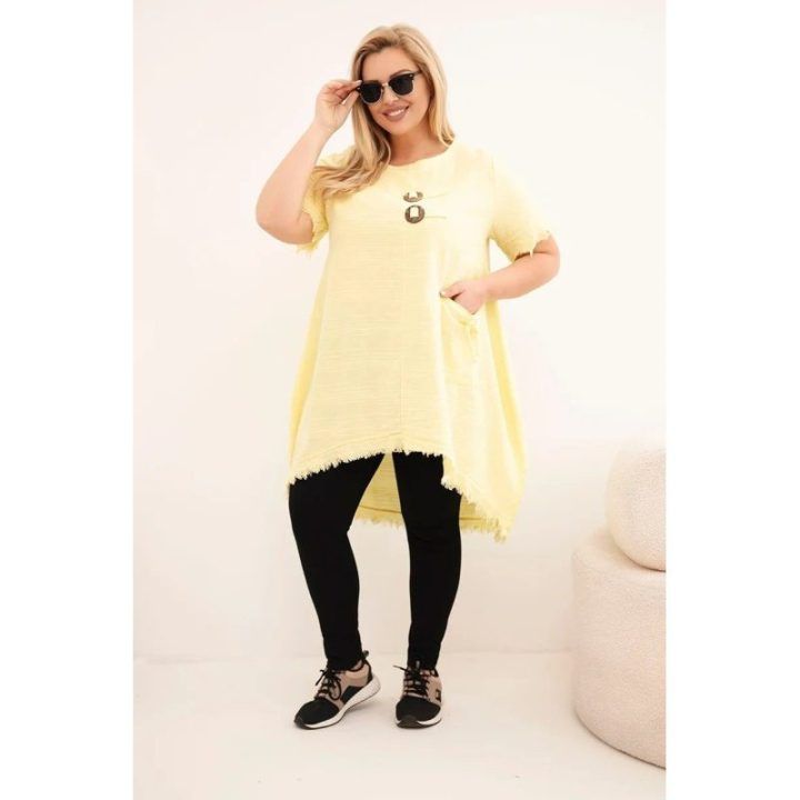 Moteriška Plus Size medvilninė suknelė, geltonos spalvos