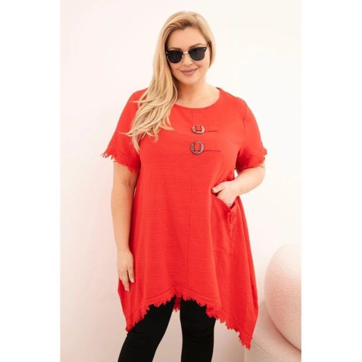 Moteriška Plus Size medvilninė suknelė su asimetrišku ilgesniu nugaros kraštu, raudonos spalvos