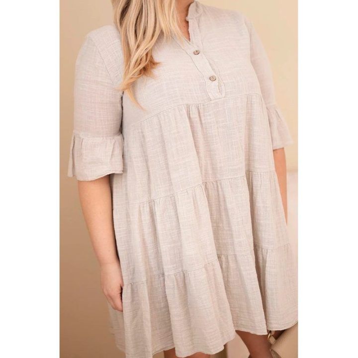 Moteriška Plus Size suknelė su raukiniais, smėlio spalvos