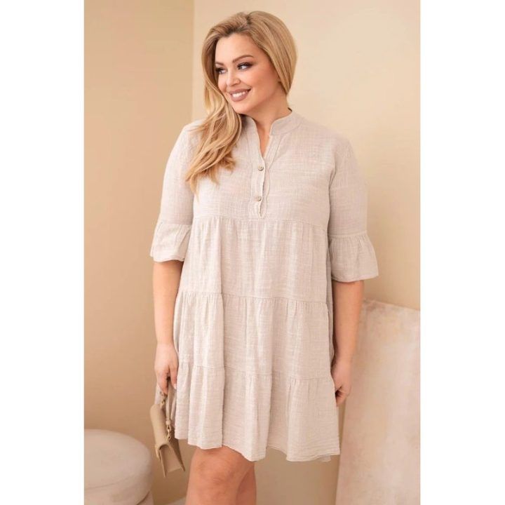 Moteriška Plus Size suknelė su raukiniais, smėlio spalvos