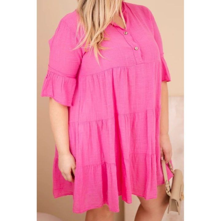 Moteriška Plus Size medvilninė suknelė su raukiniais, rožinės spalvos