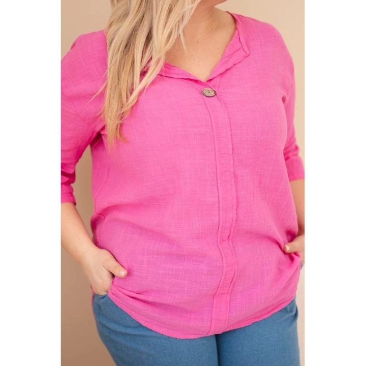 Moteriška Plus Size medvilninė palaidinė su sagute ties iškirpte, rožinės spalvos