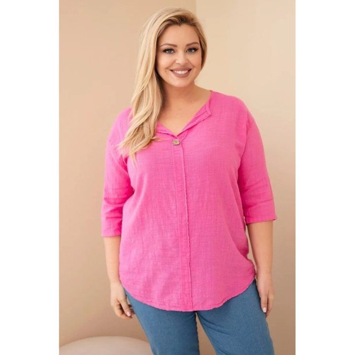 Moteriška Plus Size medvilninė palaidinė su sagute ties iškirpte, rožinės spalvos