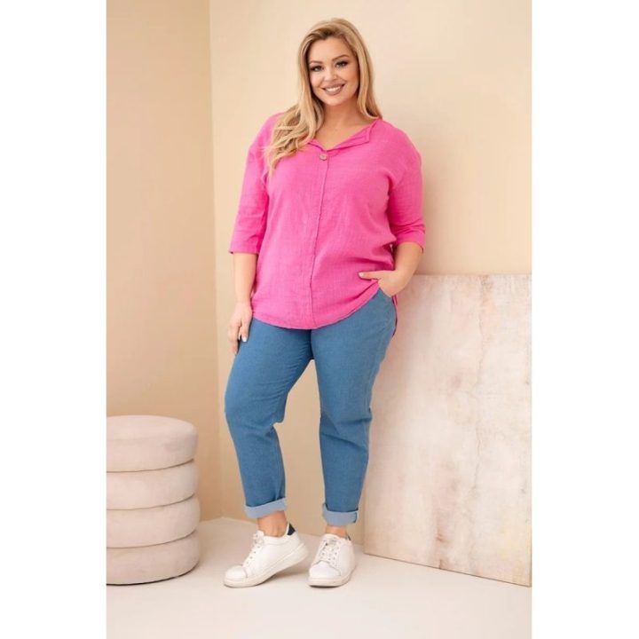 Moteriška Plus Size medvilninė palaidinė su sagute ties iškirpte, rožinės spalvos