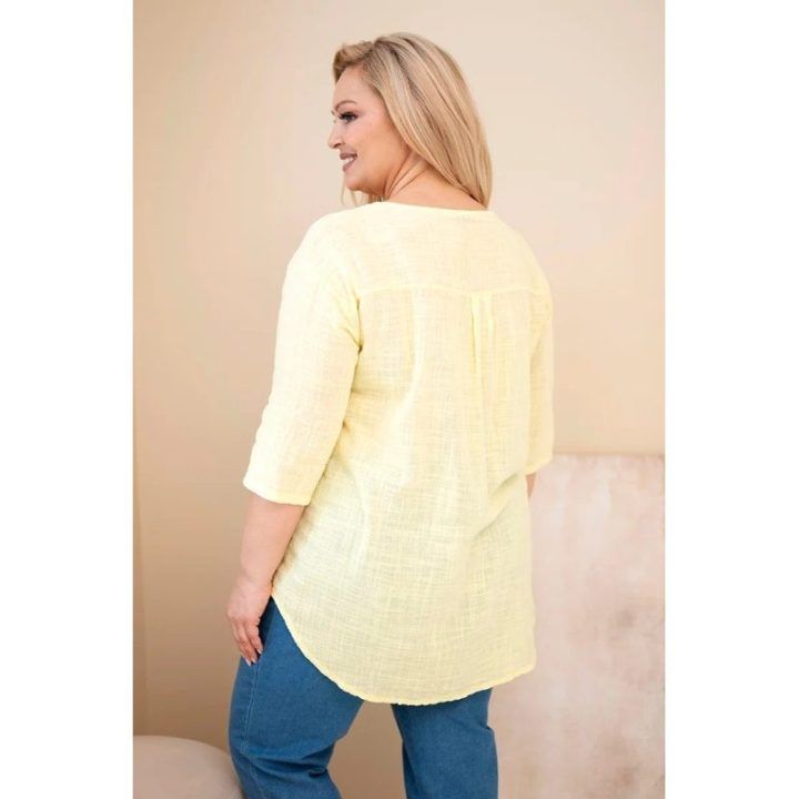 Moteriška Plus Size medvilninė palaidinė su sagute, geltonos spalvos