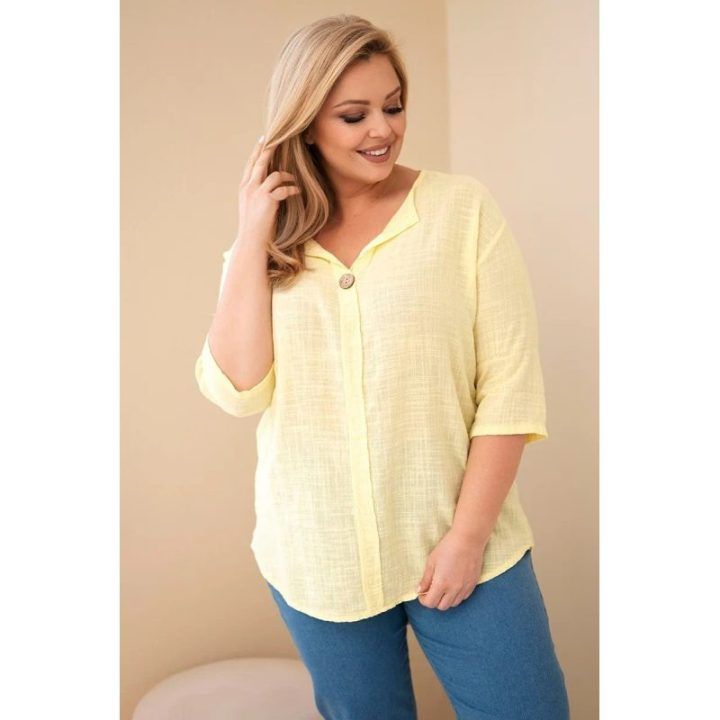 Moteriška Plus Size medvilninė palaidinė su sagute, geltonos spalvos