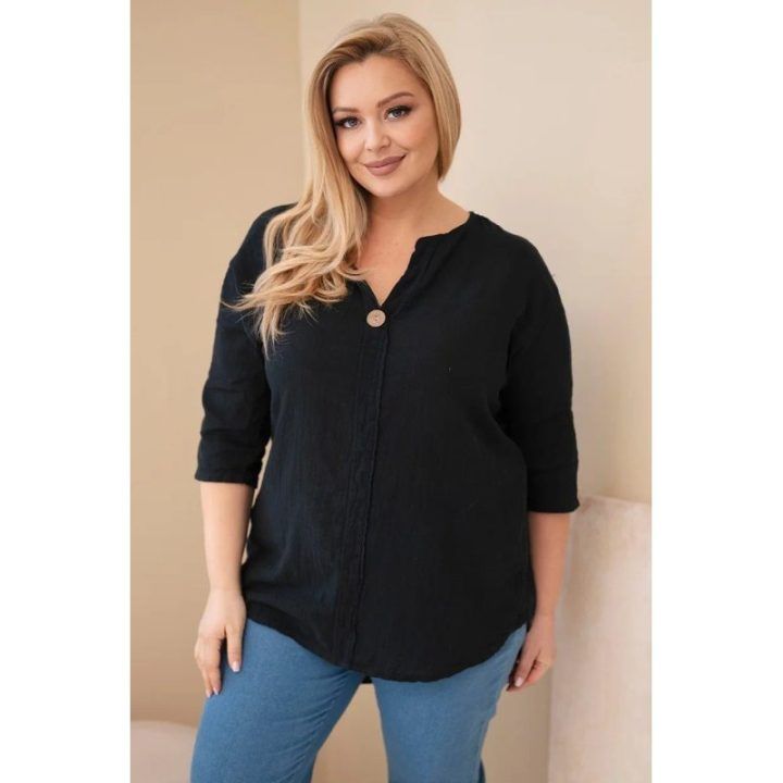 Moteriška Plus Size juoda medvilninė palaidinė su iškirpte ir sagute