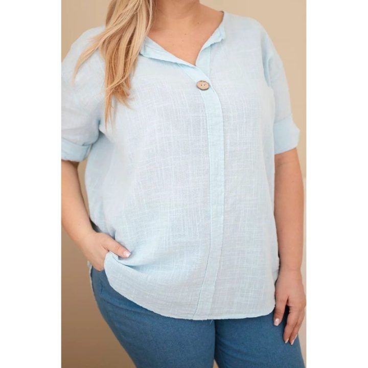 Moteriška Plus Size medvilninė palaidinė su sagų iškirpte, mėlyna