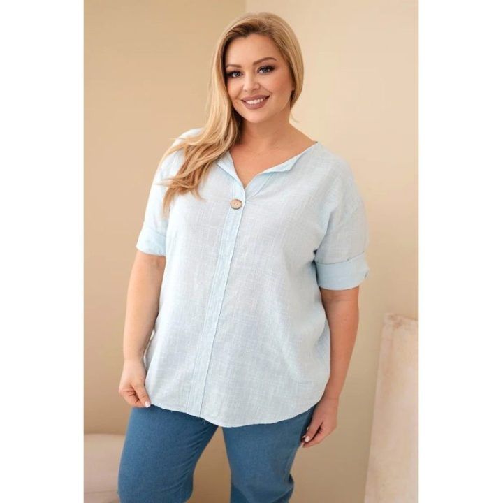 Moteriška Plus Size medvilninė palaidinė su sagų iškirpte, mėlyna