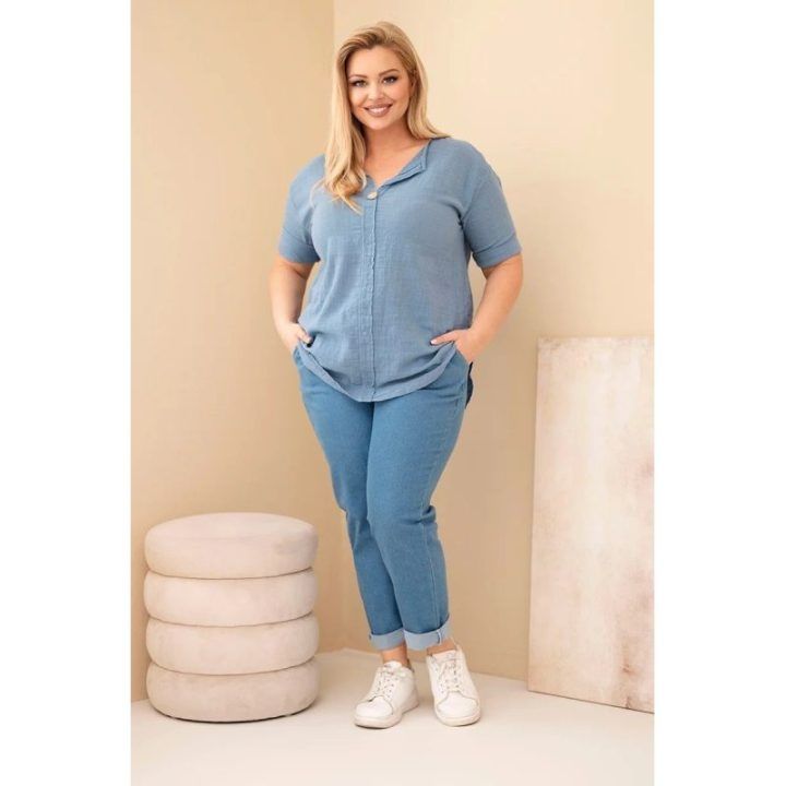 Moteriška Plus Size medvilninė palaidinė su sagute, džinso mėlynos spalvos