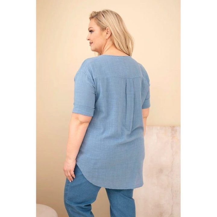 Moteriška Plus Size medvilninė palaidinė su sagute, džinso mėlynos spalvos