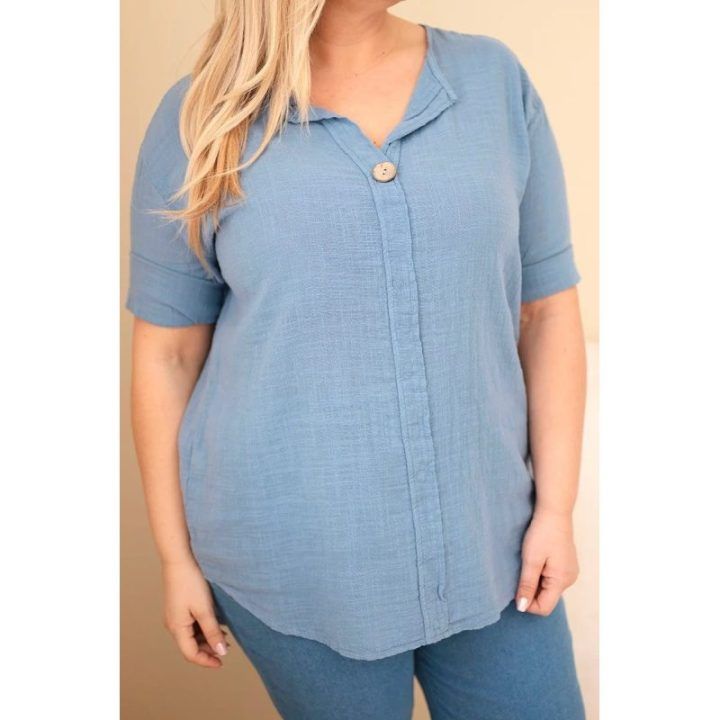 Moteriška Plus Size medvilninė palaidinė su sagute, džinso mėlynos spalvos