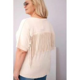 Moteriška Plus Size medvilninė palaidinė su V formos iškirpte ir kutais nugaroje, smėlio spalvos