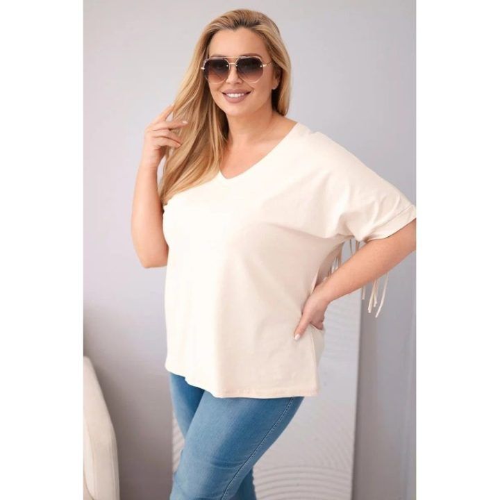 Moteriška Plus Size medvilninė palaidinė su V formos iškirpte ir kutais nugaroje, smėlio spalvos