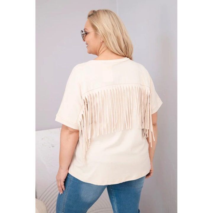 Moteriška Plus Size medvilninė palaidinė su V formos iškirpte ir kutais nugaroje, smėlio spalvos