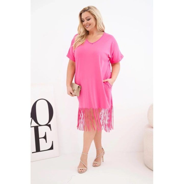 Moteriška Plus Size suknelė su V formos iškirpte ir kutais, rožinės spalvos