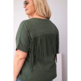 Moteriška Plus Size medvilninė palaidinė su V formos iškirpte ir kutais nugaroje, chaki spalvos