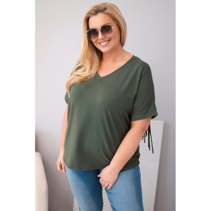 Moteriška Plus Size medvilninė palaidinė su V formos iškirpte ir kutais nugaroje, chaki spalvos