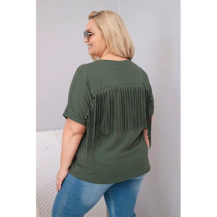 Moteriška Plus Size medvilninė palaidinė su V formos iškirpte ir kutais nugaroje, chaki spalvos
