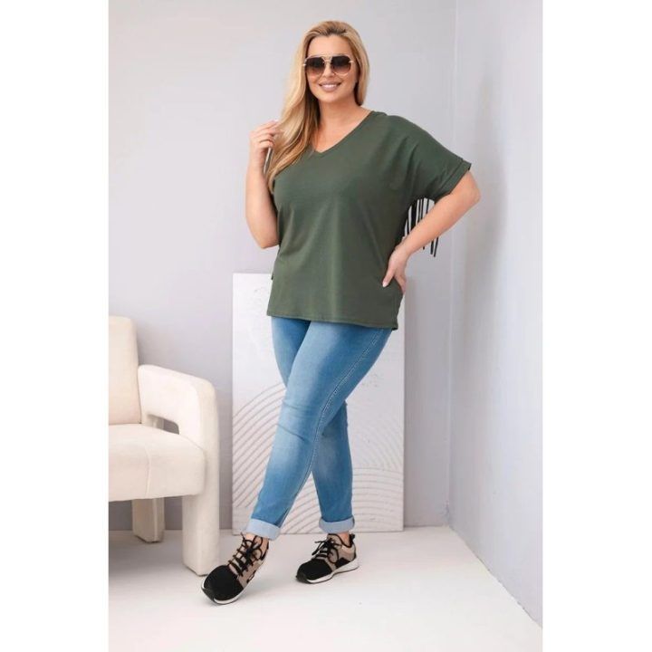 Moteriška Plus Size medvilninė palaidinė su V formos iškirpte ir kutais nugaroje, chaki spalvos