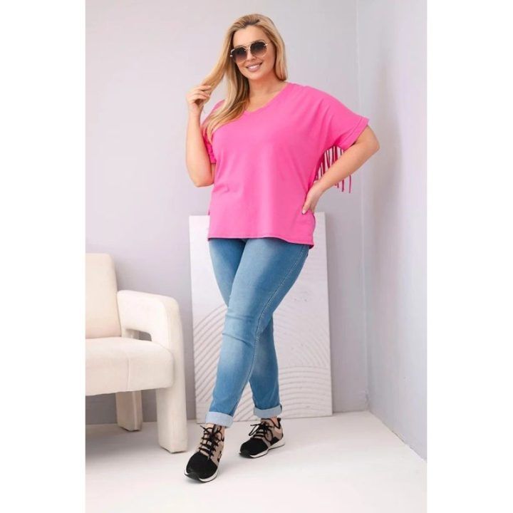 Moteriška Plus Size medvilninė palaidinė su V formos iškirpte, rožinės spalvos