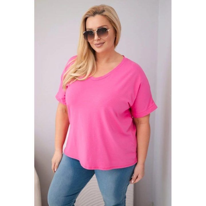 Moteriška Plus Size medvilninė palaidinė su V formos iškirpte, rožinės spalvos