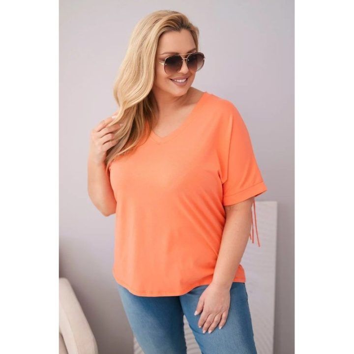 Moteriška Plus Size medvilninė palaidinė su V formos iškirpte ir kutais nugaros dalyje, lašišų spalvos