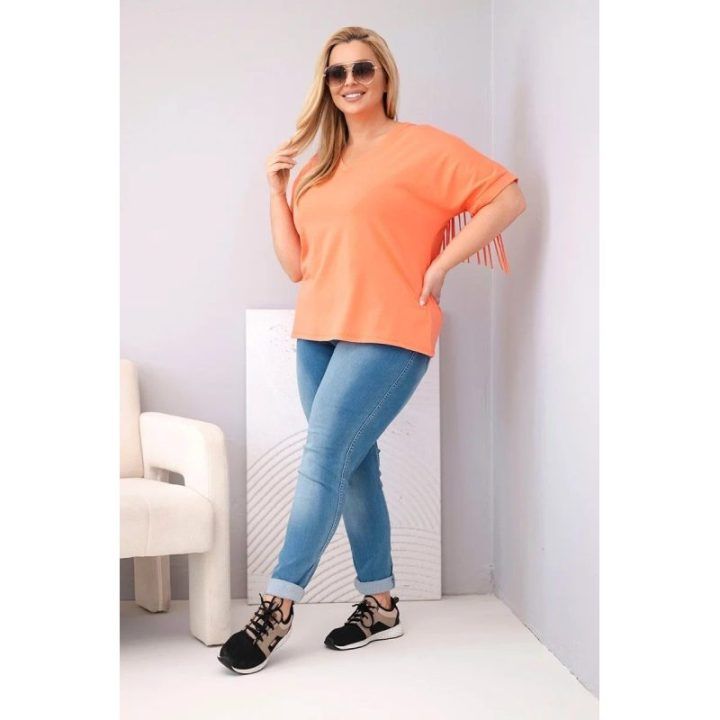 Moteriška Plus Size medvilninė palaidinė su V formos iškirpte ir kutais nugaros dalyje, lašišų spalvos