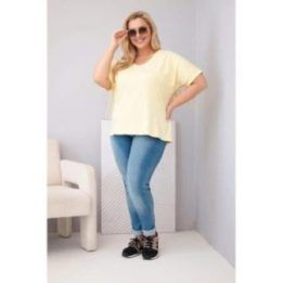 Moteriška medvilninė Plus Size palaidinė su V formos iškirpte ir kutais nugaroje, geltonos spalvos