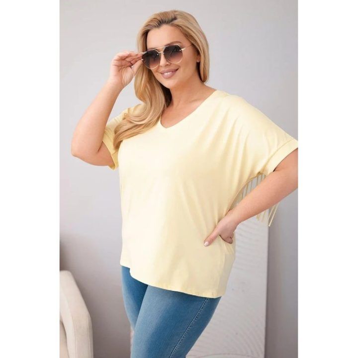 Moteriška medvilninė Plus Size palaidinė su V formos iškirpte ir kutais nugaroje, geltonos spalvos