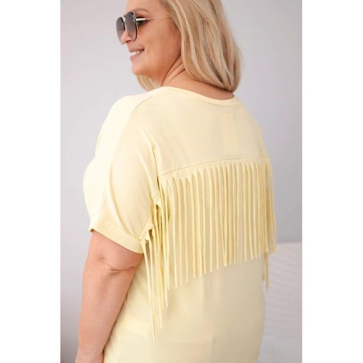 Moteriška medvilninė Plus Size palaidinė su V formos iškirpte ir kutais nugaroje, geltonos spalvos