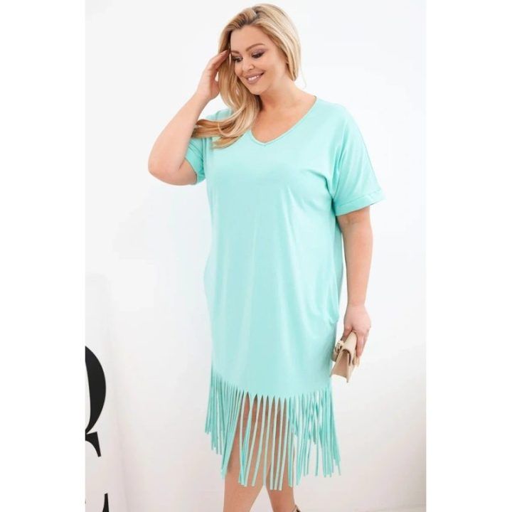 Moteriška Plus Size medvilninė suknelė su kutais, mėtų spalvos