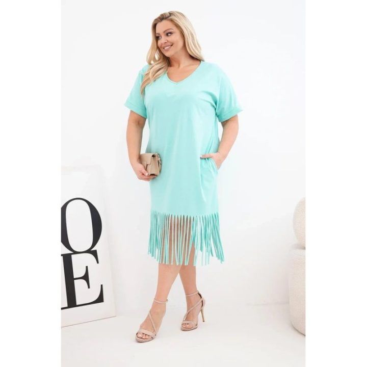 Moteriška Plus Size medvilninė suknelė su kutais, mėtų spalvos