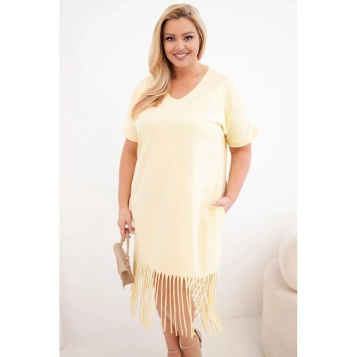 Moteriška geltona suknelė su V formos iškirpte ir kutais, Plus Size