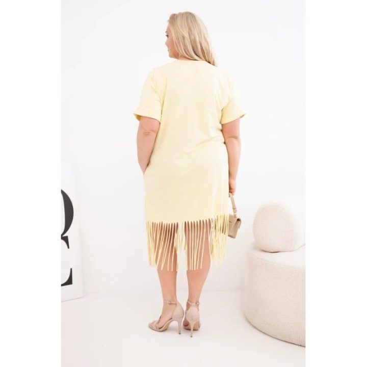 Moteriška geltona suknelė su V formos iškirpte ir kutais, Plus Size