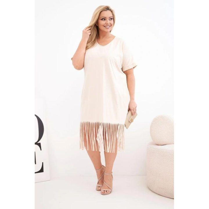 Moteriška Plus Size medvilninė suknelė su V formos iškirpte ir kutais, smėlio spalvos