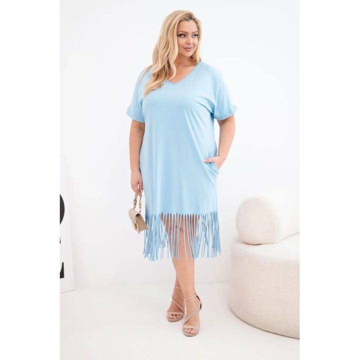 Moteriška Plus Size medvilninė suknelė su V formos iškirpte ir kutais, mėlyna