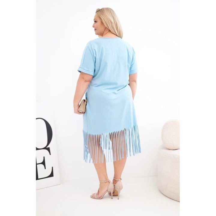 Moteriška Plus Size medvilninė suknelė su V formos iškirpte ir kutais, mėlyna