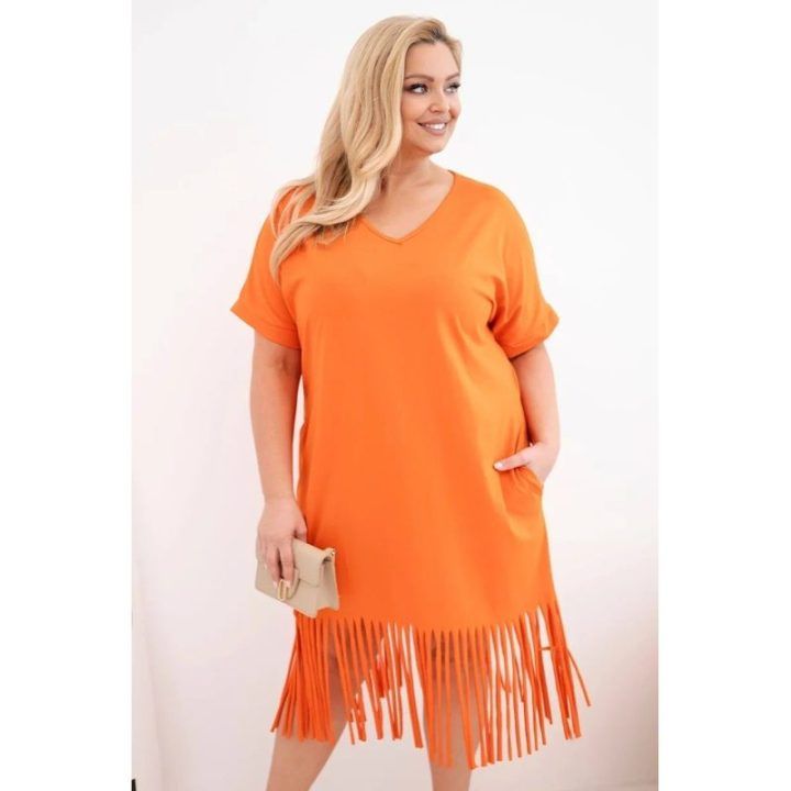 Moteriška Plus Size medvilninė suknelė su V formos iškirpte ir kutais, oranžinė