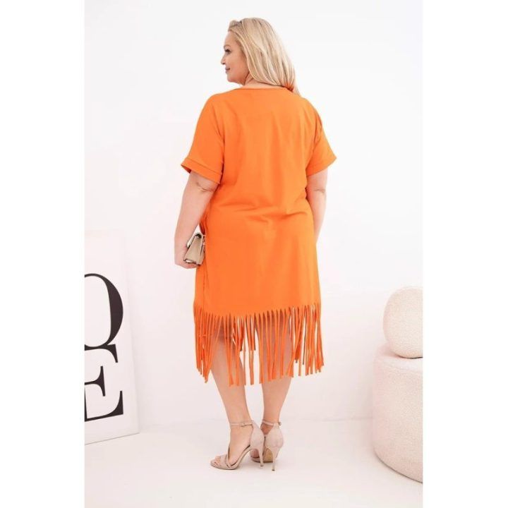 Moteriška Plus Size medvilninė suknelė su V formos iškirpte ir kutais, oranžinė