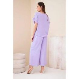 Moteriškas viskozės komplektas su marginta palaidine ir kelnėmis, šviesiai violetinis