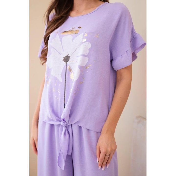 Moteriškas viskozės komplektas su marginta palaidine ir kelnėmis, šviesiai violetinis