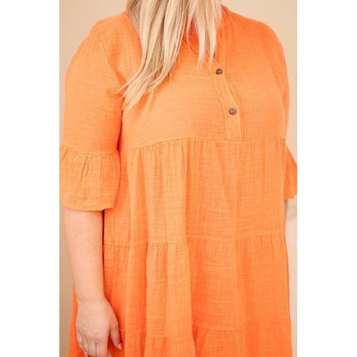 Moteriška Plus Size medvilninė suknelė su raukiniais, oranžinės spalvos