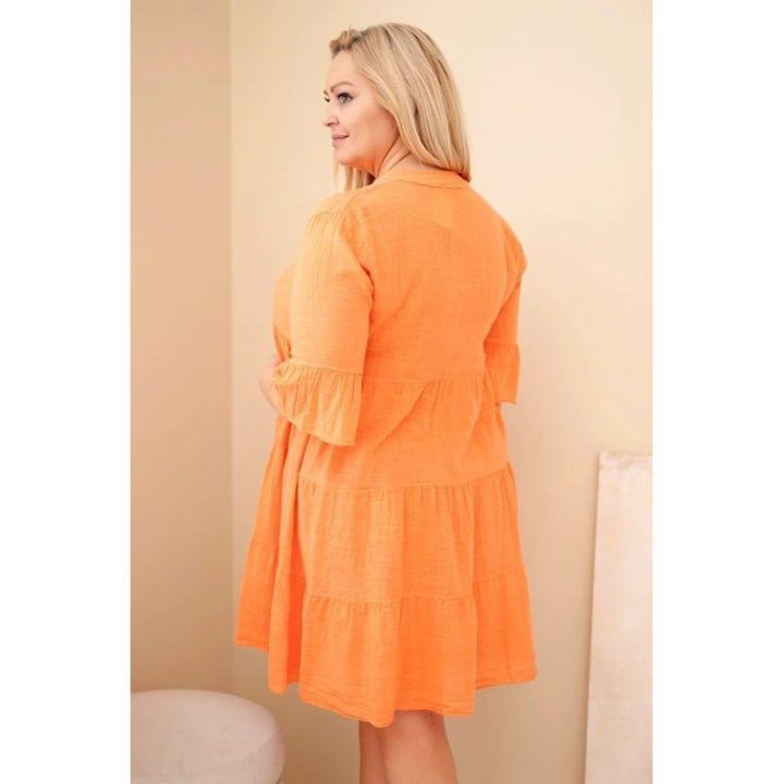Moteriška Plus Size medvilninė suknelė su raukiniais, oranžinės spalvos