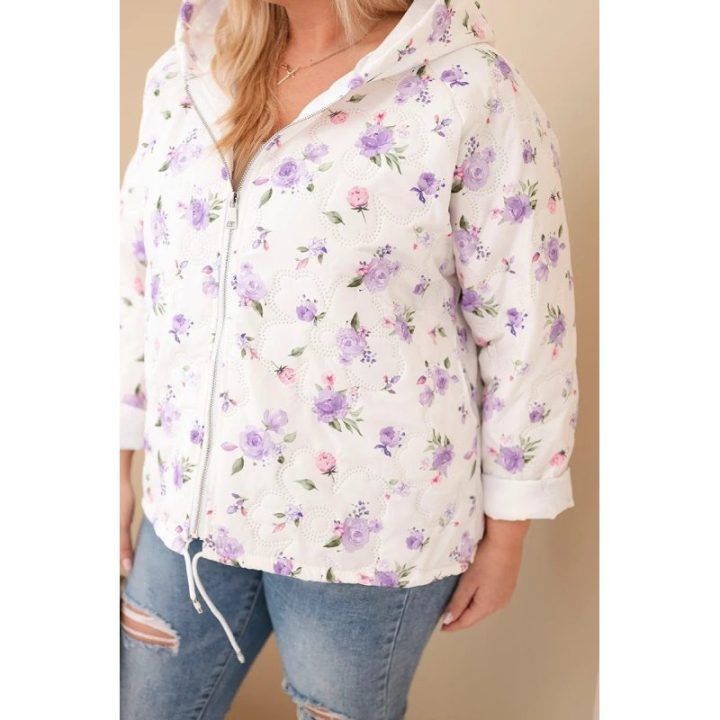Moteriška Plus Size pavasarinė striukė su gėlių raštu, violetinės spalvos