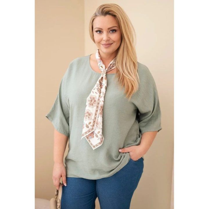 Moteriška Plus Size viskozinė palaidinė su dekoratyvine skarele, chaki spalvos